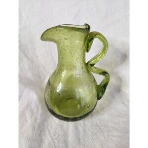 Pilgrim Green Bubble Glass Pitcher, Vintage Hand Blown. 5.5 " Tall. EUC.